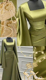 Tineit Elegant Sheath Square Neckline Olive Green Satin Long Prom Dress Evening Dresses With Ruffles (PRE-ORDER)