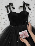 Tineit Pretty A line Straps Velvet Black Top Tulle Prom Dress Evening Dresses (PRE-ORDER)