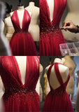 Tineit Elegant A Line V Neckline Red Tulle Long Prom Dress Evening Dresses With Beads (PRE-ORDER)