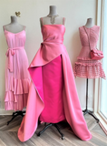 Tineit Elegant A Line Spaghetti Straps Pink Satin Long Prom Dress Evening Dresses With Pleated (PRE-ORDER)