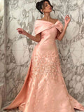 Tineit Pretty Mermaid Off The Shoulder Pink Satin Long Prom Dress Evening Dresses With Appliques (PRE-ORDER)