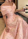 Tineit Pretty Mermaid Off The Shoulder Pink Satin Long Prom Dress Evening Dresses With Appliques (PRE-ORDER)