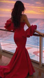 Tineit Elegant Mermaid Strapless Red Satin Long Prom Dress Evening Dresses With Sleeves (PRE-ORDER)