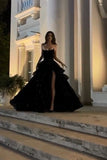 Tineit Elegant Ball Gown Strapless Black Sequin Long Prom Dress Evening Dresses With Ruffles (PRE-ORDER)