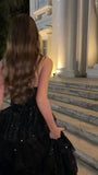 Tineit Elegant Ball Gown Strapless Black Sequin Long Prom Dress Evening Dresses With Ruffles (PRE-ORDER)