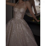 Tineit Pretty A Line Spaghetti Straps Silver Sequin Long Prom Dress Evening Dresses (PRE-ORDER)