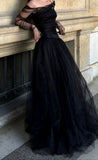 Tineit Elegant Ball Gown Off The Shoulder Black Tulle Long Prom Dress Evening Dresses With Ruffles (PRE-ORDER)