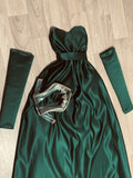 Tineit Elegant A Line Sweetheart Dark Green Satin Long Prom Dress Evening Dresses With Sleeves (PRE-ORDER)