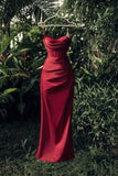 Tineit New Sheath Strapless Satin Slit Sleeveless Burgundy Evening Dress Prom Dresses (PRE-ORDER)