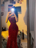 Tineit Pretty Sheath Spaghetti Straps Red Sequin Long Evening Dress Prom Dresses (PRE-ORDER)