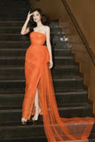 Tineit Pretty Sheath Strapless Orange Tulle Slit Long Evening Dress Prom Dresses (PRE-ORDER)