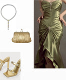 Tineit Pretty Mermaid Spaghetti Straps Green Satin Ruffles Evening Dress Prom Dresses (PRE-ORDER)