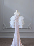 Tineit Pretty Sheath High Neckline Pink Sequin Long Tulle Ruffles Layers Evening Dress Prom Dresses (PRE-ORDER)