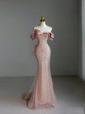 Tineit Pretty Sheath Off The Shoulder Pink Sequin Long Evening Dress Prom Dresses With Bow (PRE-ORDER)