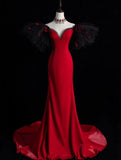 Tineit Pretty Mermaid Off The Shoulder Satin Red Long Evening Dress Prom Dresses With Sleeves (PRE-ORDER)