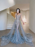 Tineit Pretty Mermaid Off The Shoulder Sequin Blue Long Evening Dress Lace Prom Dresses With Sleeves (PRE-ORDER)