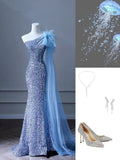 Tineit Pretty Mermaid One Shoulder Sequin Blue Slit Long Evening Dress Prom Dresses With Feather (PRE-ORDER)