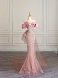 Tineit Pretty Mermaid Off The Shoulder Sequin Pink Long Evening Dress Prom Dresses With Bow (PRE-ORDER)