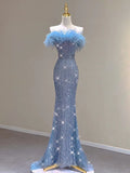 Tineit Pretty Mermaid Strapless Sequin Long Evening Dress Prom Dresses With Feather (PRE-ORDER)