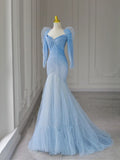 Tineit Pretty Mermaid Sweetheart Tulle Blue Long Sleeves Evening Dress Prom Dresses With Ruffles (PRE-ORDER)