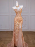 Tineit Sparkly Mermaid Sweetheart Sequin Long Slit Gold Evening Dress Prom Dresses With Beads (PRE-ORDER)