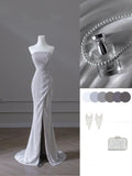 Tineit Sparkly Mermaid Strapless Sequin Long Slit Evening Dress Prom Dresses With Ruffles (PRE-ORDER)