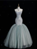 Tineit Vintage Mermaid Strapless Tulle Gray Long Evening Dress Prom Dresses With Lace (PRE-ORDER)