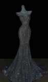 Tineit Pretty Mermaid Off The Shoulder Sequin Cap Sleeves Evening Dress Silver Prom Dresses With Beads (PRE-ORDER)