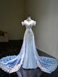 Tineit Pretty Mermaid Off The Shoulder Sequin Cap Sleeves Blue Evening Dress Long Prom Dresses With Beads (PRE-ORDER)