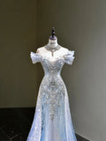 Tineit Pretty Mermaid Off The Shoulder Sequin Cap Sleeves Blue Evening Dress Long Prom Dresses With Beads (PRE-ORDER)