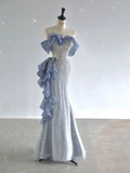 Tineit Pretty Mermaid Off The Shoulder Sequin Cap Sleeves Blue Evening Dress Long Prom Dresses With Ruffles (PRE-ORDER)