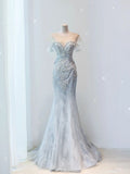 Tineit Pretty Mermaid Off The Shoulder Sequin Cap Sleeves Gray Evening Dress Long Prom Dresses With Beads (PRE-ORDER)