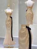 Tineit Pretty Mermaid Square Neckline Gold Sequin Long Evening Dress Prom Dresses (PRE-ORDER)