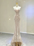 Tineit Pretty Mermaid Sweetheart Sequin Champagne Long Evening Dress Prom Dresses (PRE-ORDER)