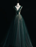 Tineit Elegant A Line V Neckline Tulle Sleeveless Green Long Prom Dresses (PRE-ORDER)