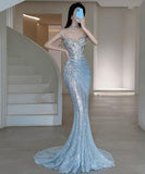 Tineit Pretty Mermaid Sweetheart Sequin Blue Long Evening Dress Prom Dresses With Ruched Bodice (PRE-ORDER)