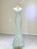 Tineit Elegant Mermaid Strapless Sequin Mint Green Sleeveless Long Prom Dresses (PRE-ORDER)