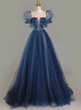 Tineit Pretty A Line Short Puffy Sleeves Navy Blue Long Evening Dress Prom Dresses With Beads (PRE-ORDER)