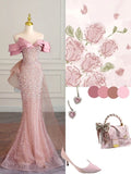 Tineit Elegant Mermaid Off The Shoulder Sequin Pink Short Sleeves Long Prom Dresses (PRE-ORDER)