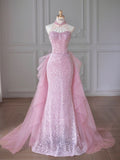 Tineit Elegant Mermaid High Neckline Sequin Pink Sleeveless Long Prom Dresses (PRE-ORDER)