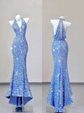 Tineit Elegant Mermaid V Neckline Sequin Blue Sleeveless Long Prom Dresses (PRE-ORDER)