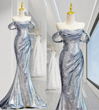 Tineit Elegant Mermaid Off The Shoulder Sequin Silver Evening Dress Long Prom Dresses (PRE-ORDER)