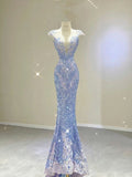 Tineit Elegant Mermaid Scoop Neckline Sequin Blue Evening Dress Long Prom Dresses (PRE-ORDER)