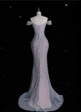 Tineit Elegant Mermaid Off The Shoulder Silver Sequin Evening Dress Long Prom Dresses (PRE-ORDER)