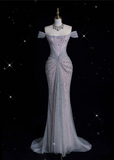 Tineit Elegant Mermaid Off The Shoulder Silver Sequin Evening Dress Long Prom Dresses (PRE-ORDER)