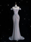 Tineit Elegant Mermaid Off The Shoulder Silver Sequin Evening Dress Long Prom Dresses (PRE-ORDER)