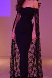 Tineit Elegant Mermaid Off The Shoulder Black Lace Long Prom Dresses Party Dress With Cape (PRE-ORDER)