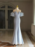 Tineit Elegant Mermaid Off The Shoulder Light Sky Blue Sequin Evening Dress Long Prom Dresses (PRE-ORDER)