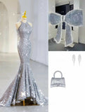 Tineit Elegant Mermaid High Neckline Silver Sequin Evening Dress Long Prom Dresses (PRE-ORDER)