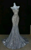 Tineit Elegant Mermaid Scoop Neckline Silver Sequin Evening Dress Long Prom Dresses (PRE-ORDER)